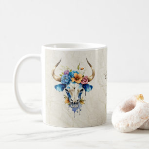 Boho Chic Watercolor Floral Cow Skull Coffee Mug