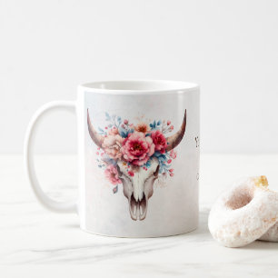 Boho Chic Watercolor Floral Cow Skull Coffee Mug