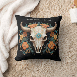 Boho Chic Watercolor Floral Cow Skull Cushion