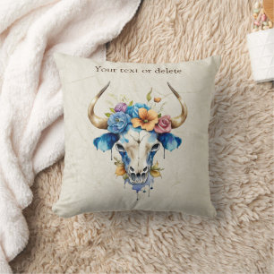 Boho Chic Watercolor Floral Cow Skull Cushion