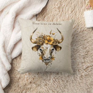 Boho Chic Watercolor Floral Cow Skull Cushion