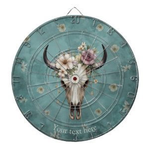 Boho Chic Watercolor Floral Cow Skull Dartboard