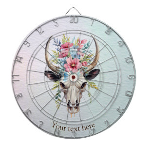 Boho Chic Watercolor Floral Cow Skull Dartboard