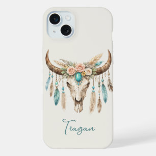 Boho Chic Watercolor Floral Cow Skull iPhone 15 Plus Case