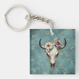Boho Chic Watercolor Floral Cow Skull Key Ring