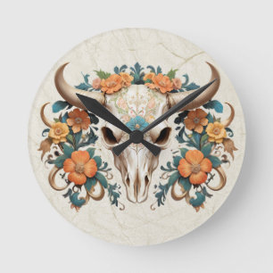 Boho Chic Watercolor Floral Cow Skull Round Clock