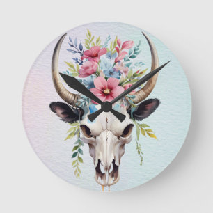 Boho Chic Watercolor Floral Cow Skull Round Clock