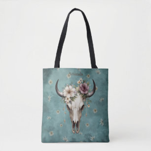 Boho Chic Watercolor Floral Cow Skull Tote Bag