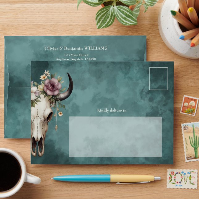 Boho Chic Watercolor Floral Cow Skull Wedding Envelope (Desk)