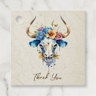 Boho Chic Watercolor Floral Cow Skull Wedding Favour Tags
