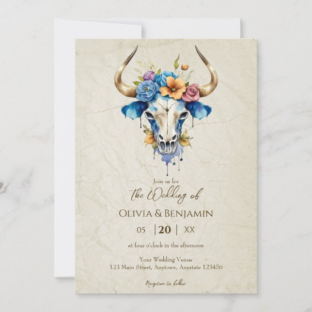 Boho Chic Watercolor Floral Cow Skull Wedding Invitation (Front)