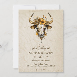 Boho Chic Watercolor Floral Cow Skull Wedding Invitation
