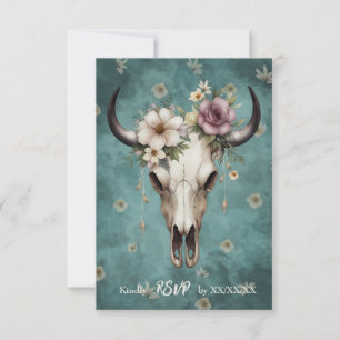 Boho Chic Watercolor Floral Cow Skull Wedding RSVP Card