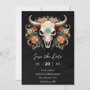 Boho Chic Watercolor Floral Cow Skull Wedding Save The Date