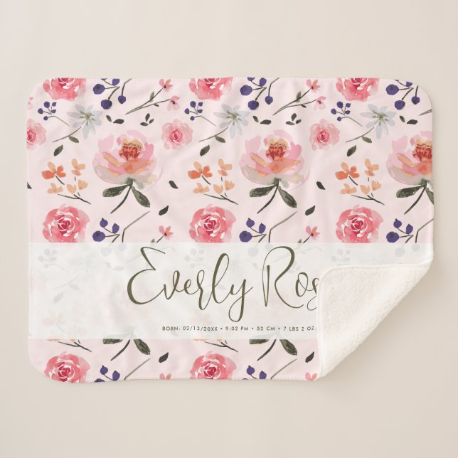 Boho Chic Watercolor florals Personalised Stats Sherpa Blanket (Front (Horizontal))