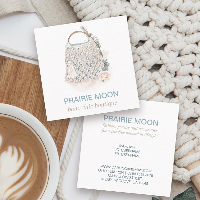 Boho Chic Watercolor Macrame Bag Square Business C Card (Boutique business card with boho feminine macrame crochet bag in neutral color story)