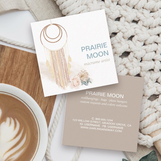 Boho Chic Watercolor Macrame Wall Hanging Square Business Card (Macrame wallhanging boho feminine square business card in neutral color story)
