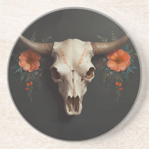 Boho Chic Watercolor Minimalist Floral Cow Skull  Coaster