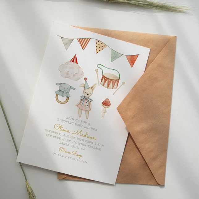 Boho Chic Watercolor Mushroom& Toys Baby Shower  Invitation (Creator Uploaded)