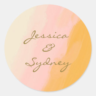 Boho Chic Watercolor Pink and Yellow Name Wedding  Classic Round Sticker