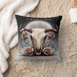 Boho Chic Watercolor Romantic Floral Cow Skull Cushion