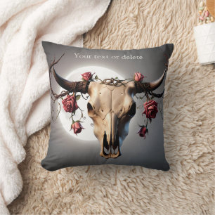 Boho Chic Watercolor Romantic Floral Cow Skull Cushion