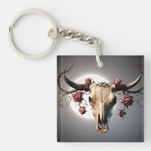 Boho Chic Watercolor Romantic Floral Cow Skull Key Ring