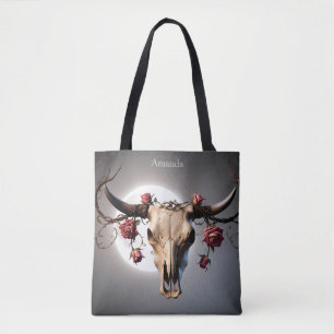 Boho Chic Watercolor Romantic Floral Cow Skull Tote Bag