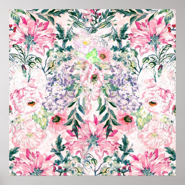 boho chic watercolor spring pink floral poster (Front)