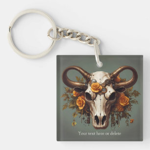 Boho Chic Watercolor Steampunk Floral Cow Skull Key Ring