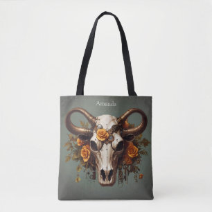 Boho Chic Watercolor Steampunk Floral Cow Skull  Tote Bag