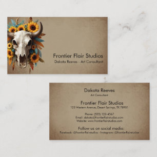 Boho Chic Watercolor Sunflower Feather Cow Skull  Business Card
