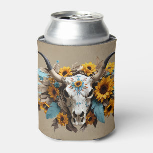 Boho Chic Watercolor Sunflower Feather Cow Skull Can Cooler