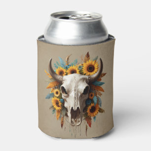 Boho Chic Watercolor Sunflower Feather Cow Skull Can Cooler