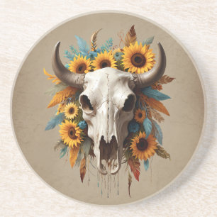 Boho Chic Watercolor Sunflower Feather Cow Skull Coaster