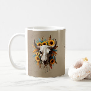 Boho Chic Watercolor Sunflower Feather Cow Skull Coffee Mug