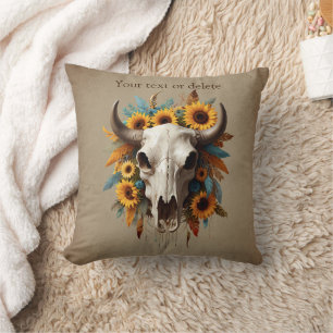 Boho Chic Watercolor Sunflower Feather Cow Skull Cushion