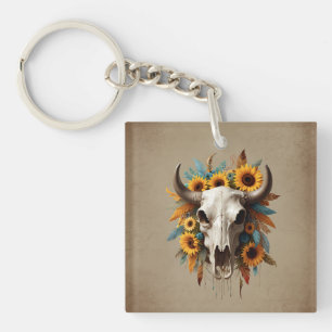 Boho Chic Watercolor Sunflower Feather Cow Skull  Key Ring