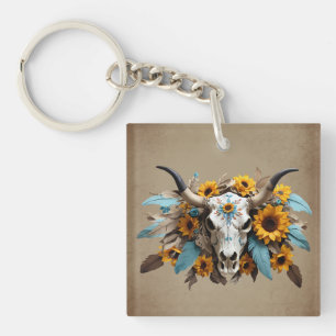 Boho Chic Watercolor Sunflower Feather Cow Skull  Key Ring