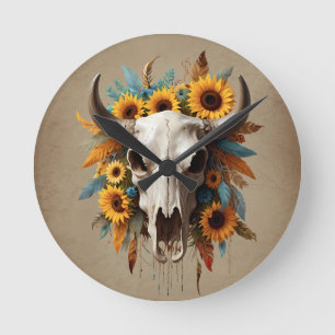 Boho Chic Watercolor Sunflower Feather Cow Skull Round Clock