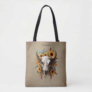 Boho Chic Watercolor Sunflower Feather Cow Skull Tote Bag