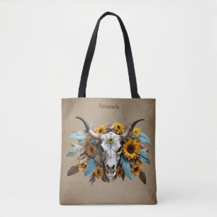 Boho Chic Watercolor Sunflower Feather Cow Skull  Tote Bag