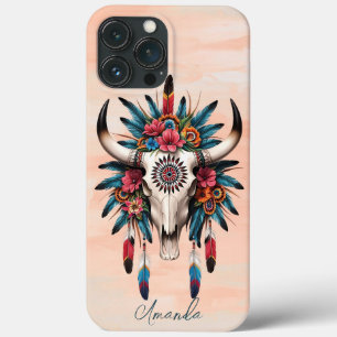 Boho Chic Watercolor Tribal Floral Cow Skull  iPhone 13 Pro Max Case