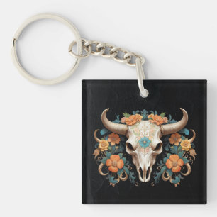 Boho Chic Watercolor Tribal Floral Cow Skull Key Ring