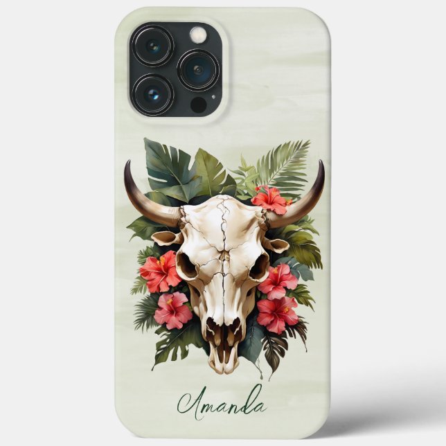 Boho Chic Watercolor Tropical Floral Cow Skull  Case-Mate iPhone Case (Back)