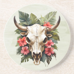 Boho Chic Watercolor Tropical Floral Cow Skull Coaster