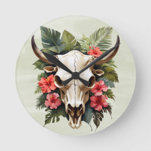 Boho Chic Watercolor Tropical Floral Cow Skull Round Clock