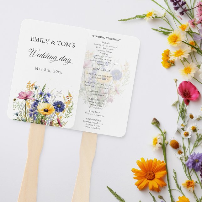 Boho Chic Watercolor Wildflower Wedding Program Hand Fan (Creator Uploaded)