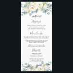 Boho Chic White Floral Eucalyptus Wedding Menu<br><div class="desc">Designed to co-ordinate with our Rustic Ivory wedding collection, this elegant wedding menu features a beautiful watercolor ivory white roses, hydrangeas, stocks and eucalyptus greenery arrangement. Personalise it with your wedding details easily and quickly, simply press the customise it button to further re-arrange and format the style and placement of...</div>
