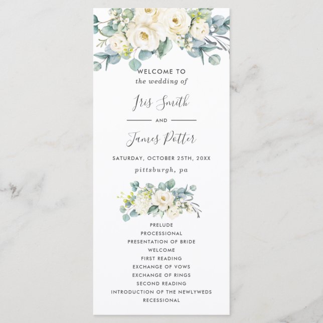 Boho Chic White Floral Eucalyptus Wedding Program (Front)